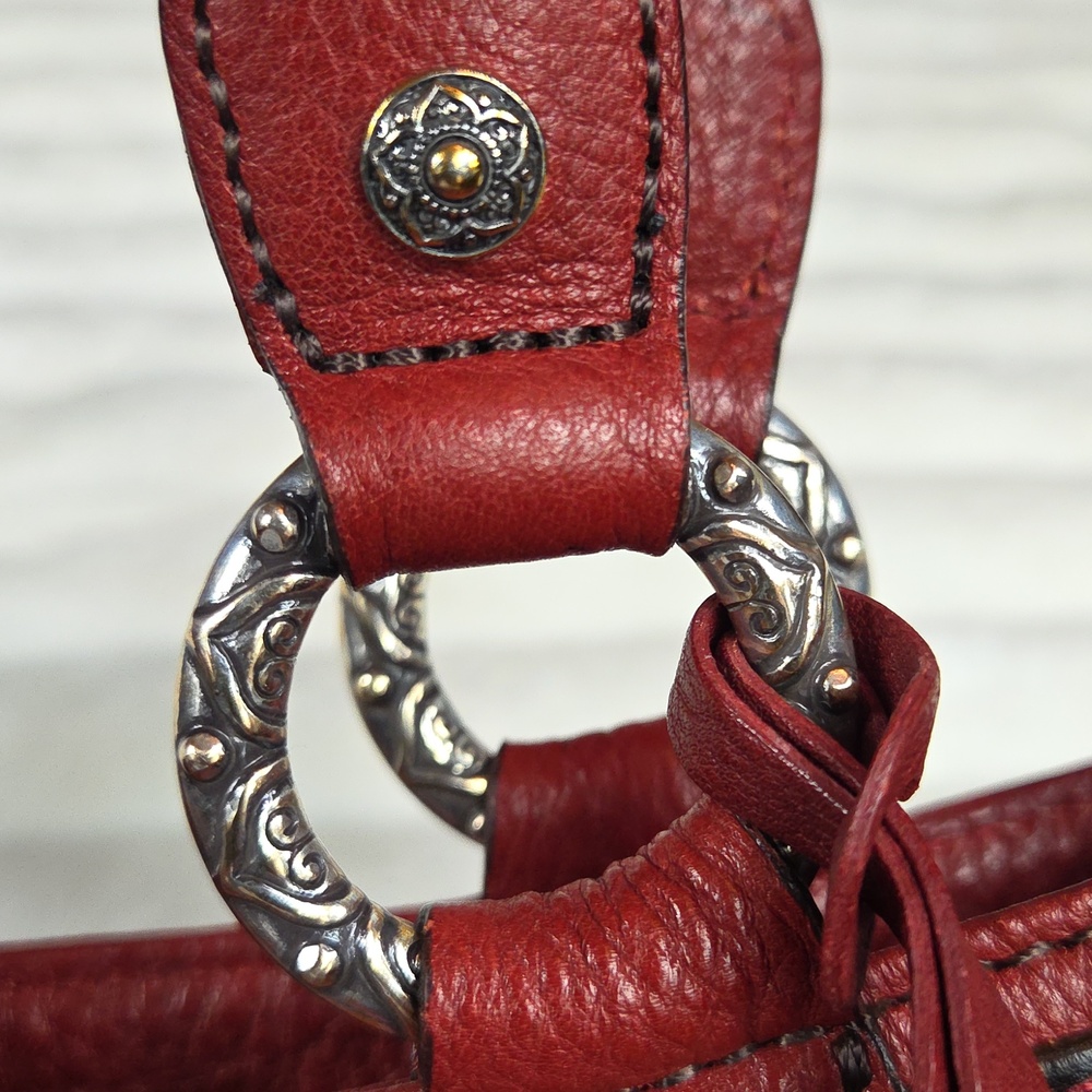 BRIGHTON Red Leather Handbag With Black Trim, Silver Hardware and Heart Charm - Picture 6 of 13